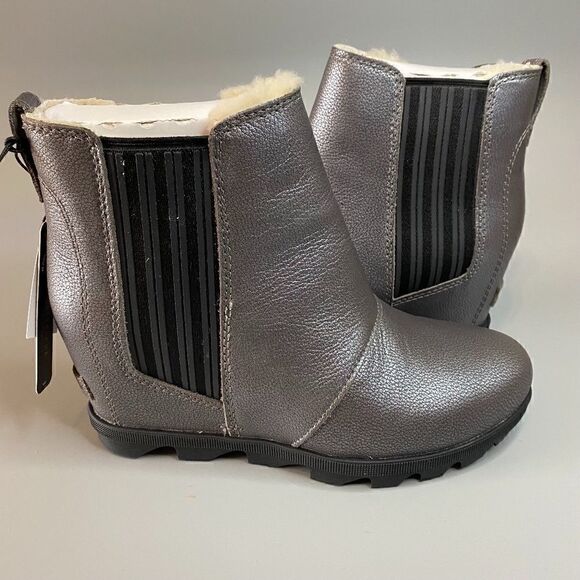 Sorel Lea Wedge Joan of Arctic Chelsea Wedge Quarry Grey Black Shearling 9 - Picture 1 of 5